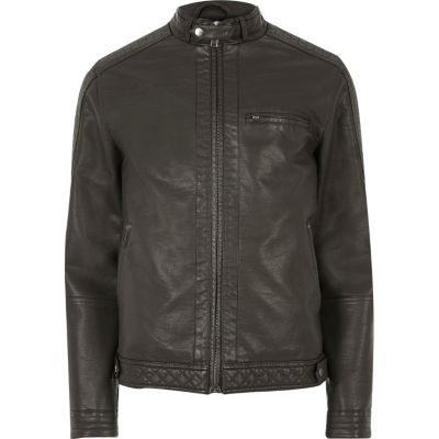 Brown racer neck faux leather jacket